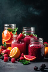 Crimson Bliss. Glass jar mugs with pink red smoothie on a dark background. Refreshing and vibrant concept. AI Generative