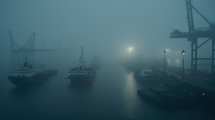 Mystical Harbor: A German Port in Dense Fog. Generative AI