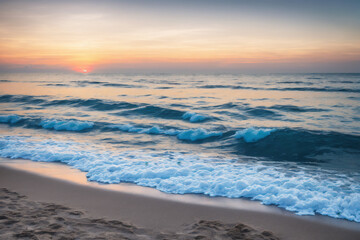Obraz premium The sun is setting over the ocean with waves, Generative AI