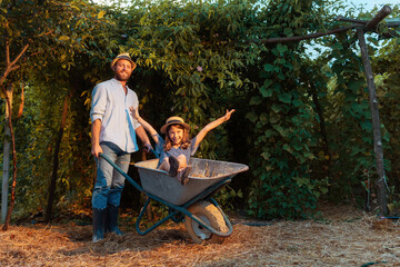 Fototapeta premium Smiling caucasian father in a straw hat holding a cart with a happy little daughter. Family weekends together in the backyard. The concept of gardening and farming