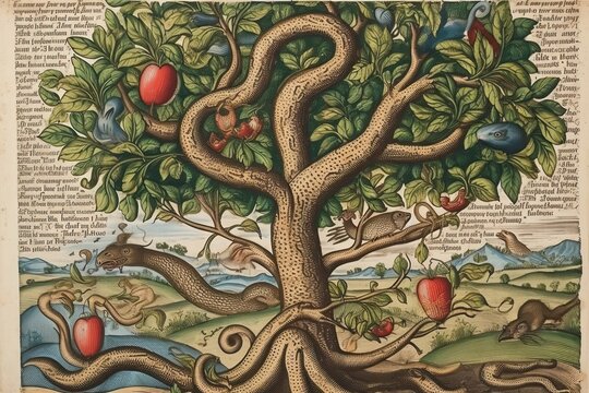 The biblical tree of knowledge in genesis with the apples and the serpent, generative AI