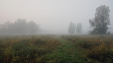 Mystical Meadow: Fens in Dense Fog. Generative AI