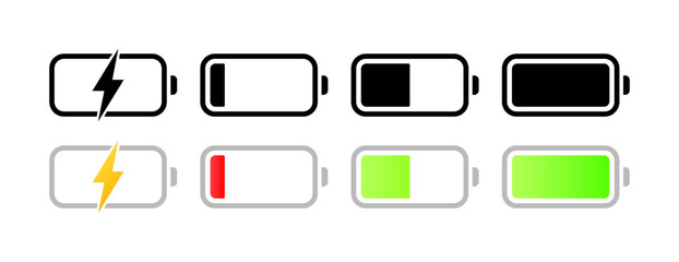 Battery charge level. Flat, color, battery level icons. Vector icons.