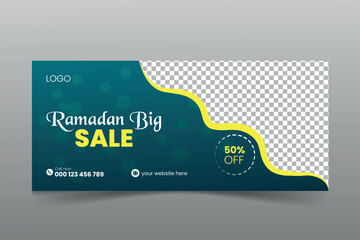  Ramadan Kareem Horizontal Banner.Ramadan sale, web header or banner design with golden crescent moon.