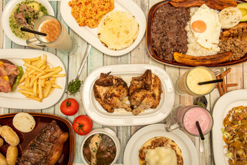A large set of typical Colombian food dishes