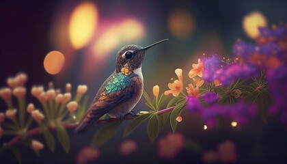 Obraz premium hummingbird flying near flower. hummingbird perched on a flower branch, ai generated