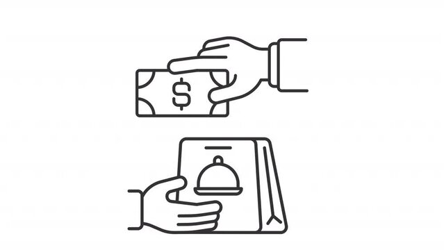 Cash on delivery icon animation. Animated line hand giving money for food order. Payment method. E commerce. Loop HD video with alpha channel, transparent background. Outline motion graphic