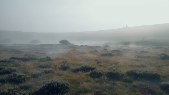 Misty Moorland in Summer. Generative AI