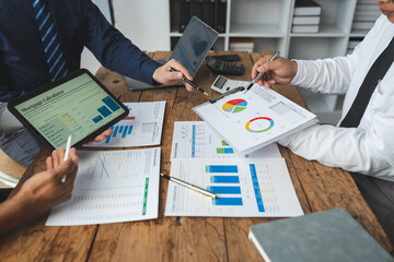Businessman working with project idea presentation, restart, analyzing data planning on tablet,...