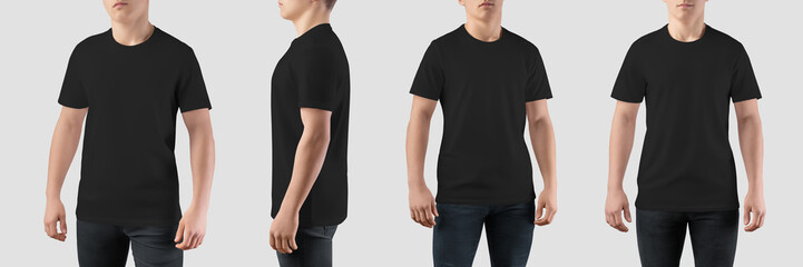 Mockup of trendy black t-shirt on guy wear, streetwear for brand, design, front, side view.