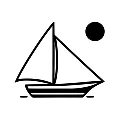 A sailboat on the water with the sun in the background, black and white outline vector emblem, outline boat icon, sea symbol, simple website and app logo, tourism and yachting illustration.