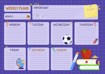Weekly planner. Planner with school supplies on a checkered sheet. Weekly, wish list, to-do list. Vector illustration in flat cartoon style.