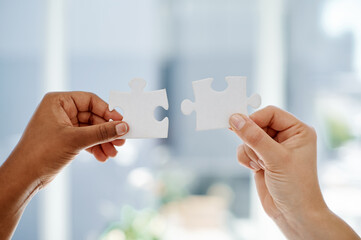 We all play a role in making this business a success. two unrecognizable businesswomen holding puzzle pieces inside an office.