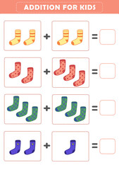 Counting educational children game. Math kids activity sheet. Addition game with cute socks.