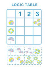 Logic game for children. Logic table worksheet for kids. Cut and match worksheet for Preschool Children.