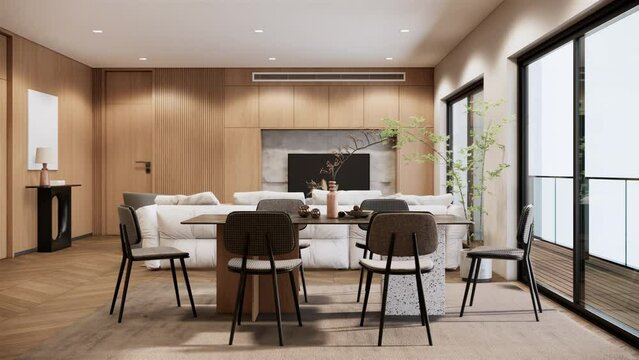 Modern living room with dining room area. Contemporary white apartment design. 3d visualization rendering animation