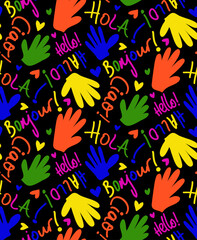 Obraz premium Abstract Hand Writing Mix Greeting Words Hands and Hearts Seamless Vector Pattern Isolated Background