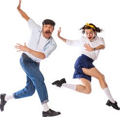 Png image with dynamic portraits of young emotional couple, man and woman, dancing retro dances isolated over white background. Happy and active dancers