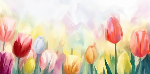 A cute and colorful watercolor tulip background with soft focus and lively hues. Perfect for decorative use. Generative AI