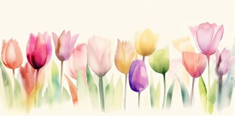 A cute and colorful watercolor tulip background with soft focus and lively hues. Perfect for decorative use. Generative AI