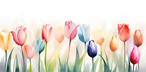 A cute and colorful watercolor tulip background with soft focus and lively hues. Perfect for decorative use. Generative AI - obrazy, fototapety, plakaty