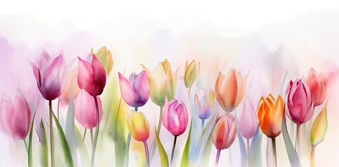 A cute and colorful watercolor tulip background with soft focus and lively hues. Perfect for decorative use. Generative AI