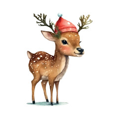 Christmas little deer watercolor in beautiful style. Vintage watercolor portrait. Cartoon vector illustration. Funny vector hand drawn