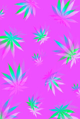 Fototapeta na wymiar vector bright purple neon background with marijuana leaves, cannabis leaves with hallucinogenic effect