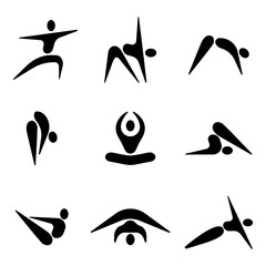 vector set of icons with minimalistic yoga poses, the logo for the yoga center, a man in different asanas