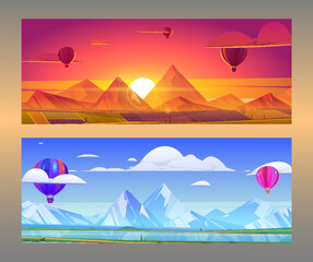 Mountain lake landscape vector illustration. Cartoon flat panorama of spring summer beautiful nature, grasslands meadow with scenic lake and mountains on horizon background with hot air ballon