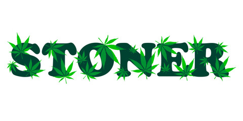 vector decorative green lettering stoner with cannabis leaves pattern, marijuana, logo for weed lovers 