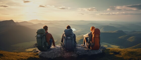 Hikers with backpacks sitting and relaxing on the top of a mountain, enjoying the beautiful view of the valley below. Generative AI