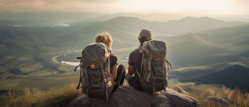 Hikers with backpacks sitting and relaxing on the top of a mountain, enjoying the beautiful view of the valley below. Generative AI