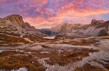 Dolomites mountain panorama at sunset - Tre Cime di Lavaredo