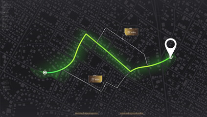 GPS navigator screen with street roads and location, destination points City top view. Online navigation. Flat style, Vector, illustration isolated. Urban highway plan, final destination