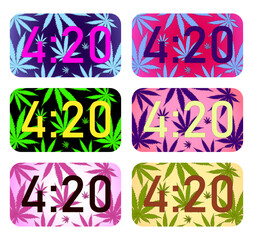 set of bright neon backgrounds with cannabis leaves, background with marijuana, lettering 420 on a bright background with weed for stoners