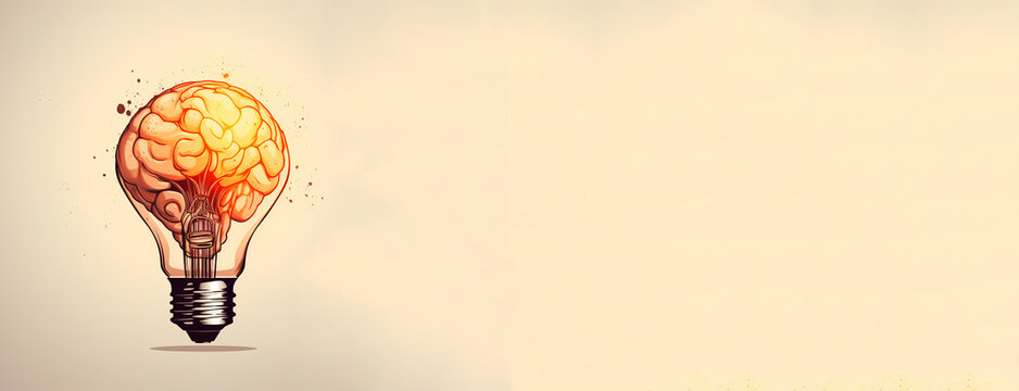 Brain as a burning light bulb, banner. Concept of enhanced brain function, intensive work. Generative AI