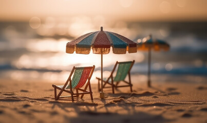 Tiny deck chairs and umbrellas on the beach - obrazy, fototapety, plakaty