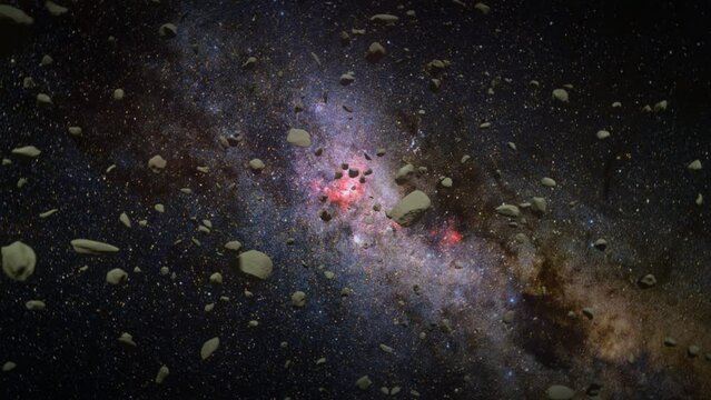 A cinematic fly through 3d animation of an asteroid field in space.