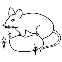 Black silhouette of mouse from side standing behind stone and grass