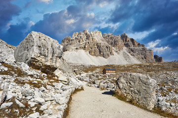 Fototapeta na wymiar famous peaks of Tre Cime di Lavaredo National park, UNESCO world heritage site in Dolomites, Italy
