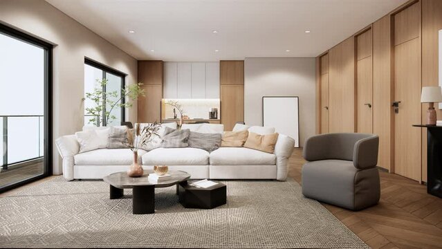interior of modern room with furniture. contemporary apartment style. the white room has window glass to see outside view, pan right shot video 4k animation