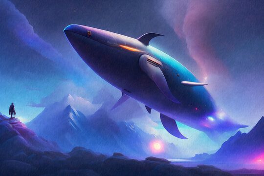 美しい空を飛ぶ巨大なクジラ型の飛空艇と見つめる男｜ファンタジー世界の冒険物語｜デジタルイラスト｜Generative AI