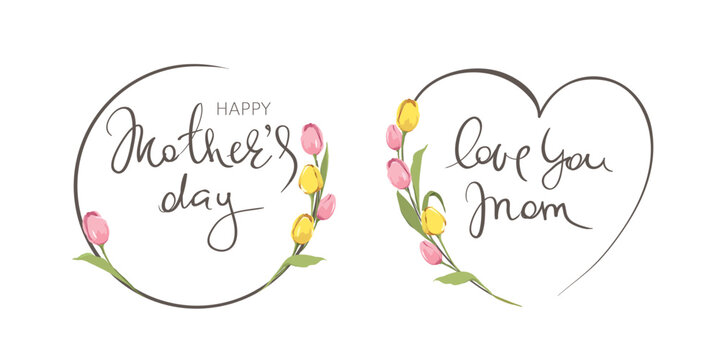 Mother's Day congratulation cards. Background for congratulation with yellow and pink tulips. Vector design element on the theme of flowering and spring.	