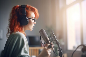 A female content creator making a podcast with a microphone. Generative ai Generative AI