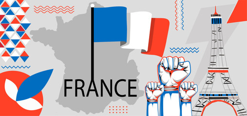 France national day or Independence Day banner design. Abstract geometric retro France country celebration background. Blue red white in color France flag with map. France Vector