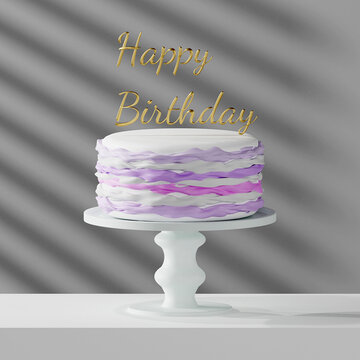 Cute birthday cake 3d colorful color Sweet cake with lettering font Happy Birthday for a surprise birthday, Valentine's, Day, on a white table. 3D render illustration design