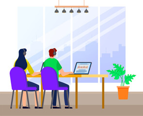 Guy and girl communicate and work in the office together. Employees analyze data and study metrics. People in headphones looking at income growth graph. The chart with statistics on the laptop screen