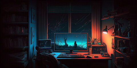 illustration of gaming desktop in the room. night light with cyberpunk color. Ai generated