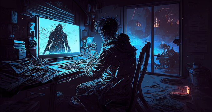 illustration of gamer with gaming desktop in the bedroom. night light with cyberpunk color. Ai generated